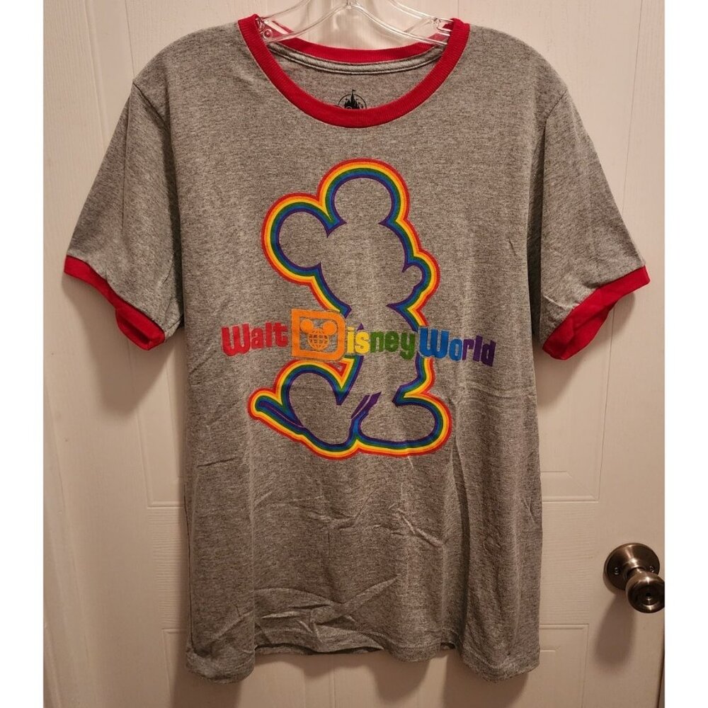 Walt Disney World WDW Short Sleeve Ringer Tee Shirt  Rainbow Mickey Mouse Gray M